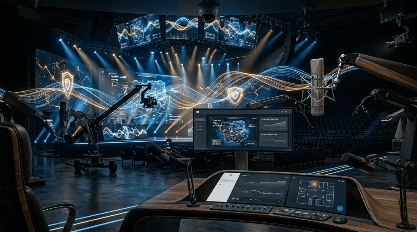 An esports broadcast stage with casting desk, microphone, and live arena screens.