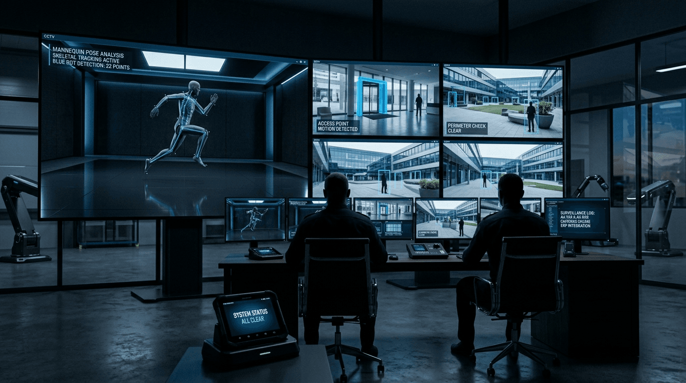 A security operations room with a wall of live monitoring screens and analysts.