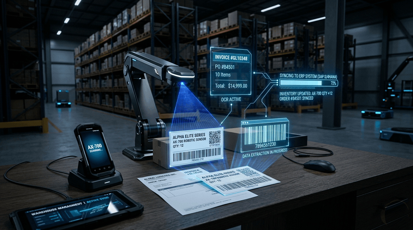 A smart warehouse with a robotic arm scanning barcodes and live inventory readouts.