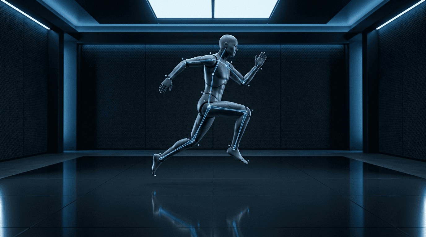 A glowing wireframe digital human captured mid-stride in a dark studio.