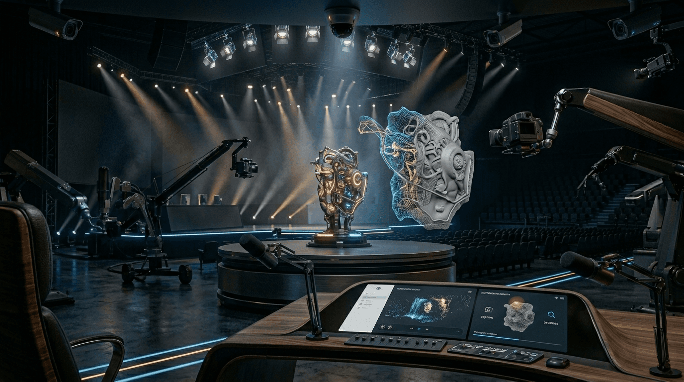 A detailed 3D model reconstructed from video, displayed on a studio stage.